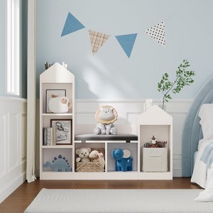 Garvee Kids Bookshelf 6-Cubby Toy Storage Organizer with Roof Design and Seat Cushion, White - 1 of 4