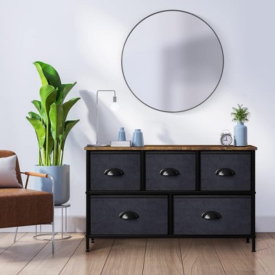 Medium Wood and Black Fabric 5-Drawer Storage Dresser