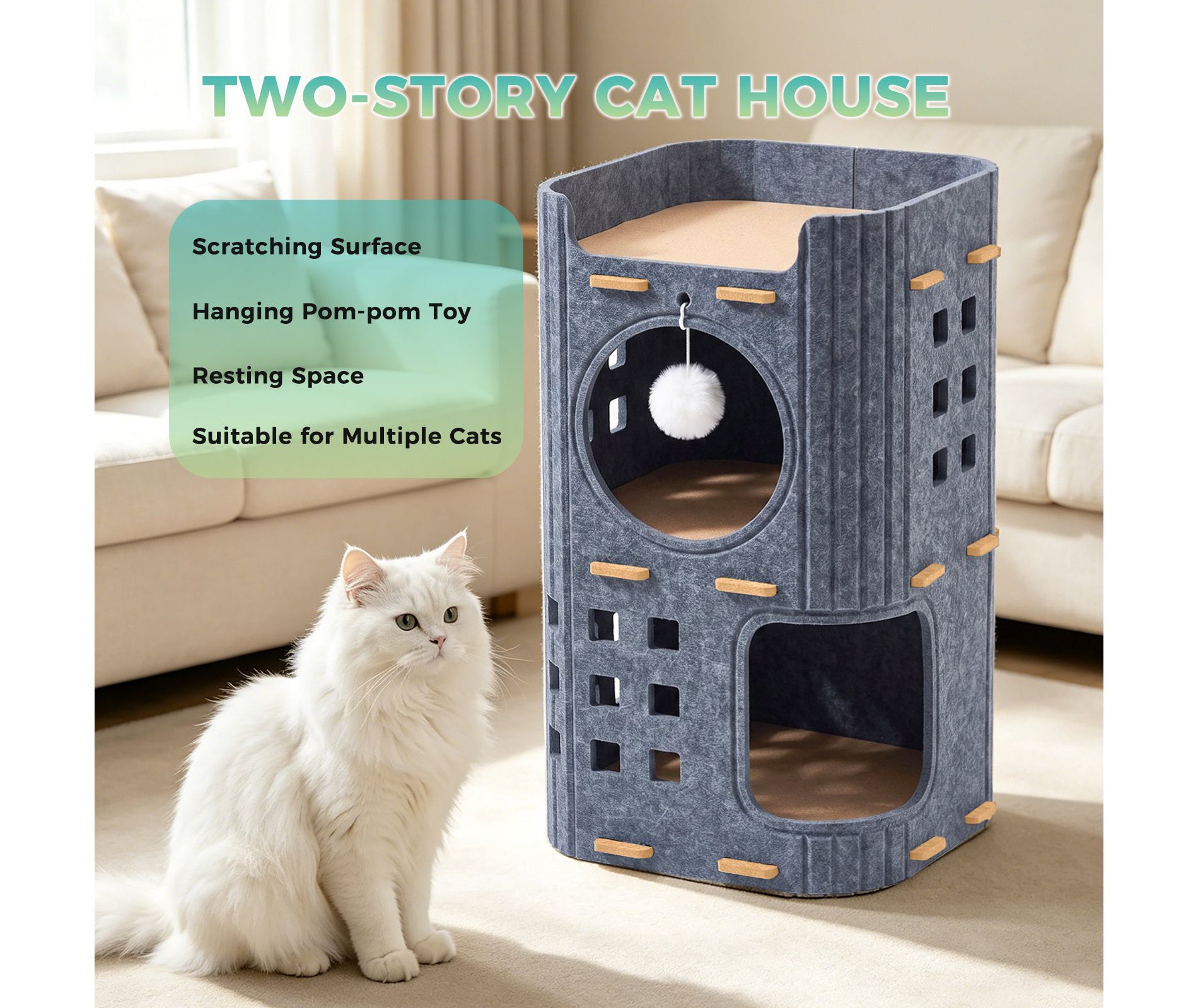 AEELLEEA 23.62 Inch 2-Storey Felt Cat Bed Cave, Large Covered Tunnel Hideaway, Scratch Resistant Cozy Indoor Condo for Multi Cats, Dark Grey
