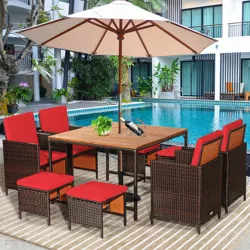 Costway 9PCS Patio Rattan Dining Set Cushioned Chairs Ottoman Wood Table Top White\Red