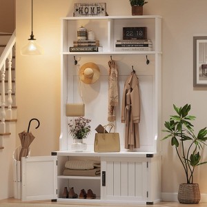 Hall Tree with Shoe Storage Bench, 4-in-1 Entryway Bench with Coat Rack & Adjustable Shlef & 2 Wood Door, Hall Tree with Metal Corner & 5 Tri-Hooks - 1 of 4