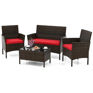 Tangkula 4 Piece Patio Rattan Conversation Set Outdoor Wicker Furniture Set with Chair Loveseat & Tempered Glass Table Cozy Seat Cushions - 1 of 4