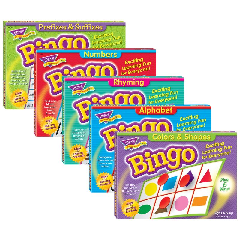 TREND Bingo Game 5-Pack, Colors & Shapes, Alphabet, Rhyming, Numbers, Prefixes & Suffixes, 1 of 7
