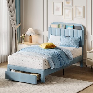 Twin Size Bed Frame with Bookcase Headboard, Velvet Upholstered Platform Bed Frame, Steel Support Legs, Under-Bed Drawer, Easy Assembly - 1 of 4