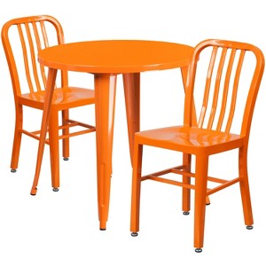 Emma and Oliver Commercial Grade 30" Round Metal Indoor-Outdoor Table Set & 2 Slat Back Chairs - 1 of 4