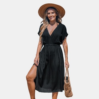 Women's V-neck Short Sleeve Midi Cover Up Dress - Cupshe-xs-black : Target