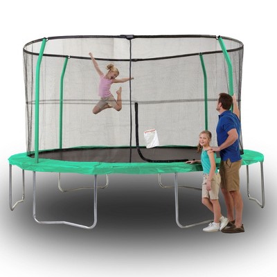 14-Foot Green Round Trampoline with Safety Enclosure