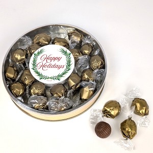 Happy Holidays Wreath Gift Tin Filled With Milk Chocolate Dubai Truffle Candies For Christmas Gifting, Holiday Party Giveaways & More - 1 of 4