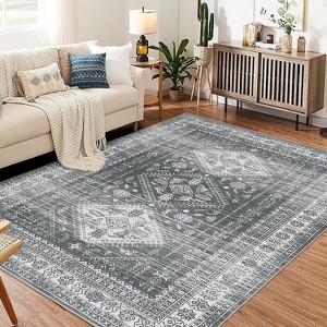 Vintage Washable Area Rug - Non-Slip Low Pile Abstract Rug with Rubber Backing, Soft Throw Carpet for Living Room, Kitchen, Dining Room Office Decor - 1 of 4