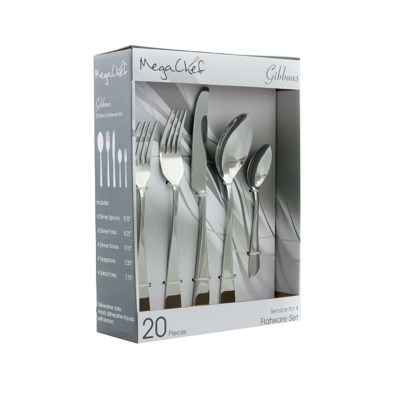MegaChef Gibbous 20 Piece Flatware Utensil Set, Stainless Steel Silverware Metal Service for 4 in Silver, 1 of 8