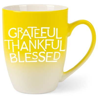 Elanze Designs Grateful Thankful Blessed Two Toned Ombre Matte Yellow and White 12 ounce Ceramic Stoneware Coffee Cup Mug