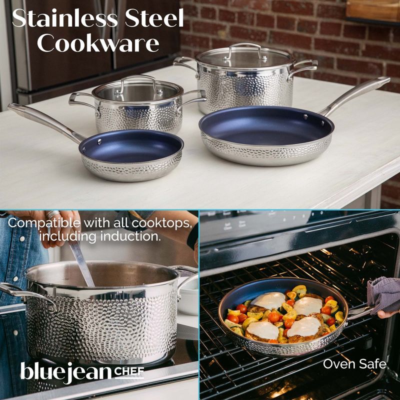 Blue Jean Chef 6-Piece Stainless Steel Cookware Set, Hammered Finish, Tri-Ply Construction Clad Cookware, Nonstick; Induction, Oven & Dishwasher Safe, 2 of 7