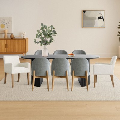 9-Piece Oval Dining Table Set, 79'' Black Pedestal Table with 6 Armless & 2 Armrest Upholstered Chairs, Modern Dining Room Set-Maison Boucle