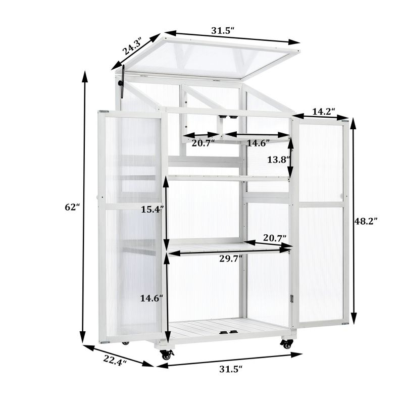 62" H Wood Large Greenhouse, Balcony Portable Cold Frame with Wheels and Adjustable Shelves for Outdoor Indoor Use - ModernLuxe, 3 of 14