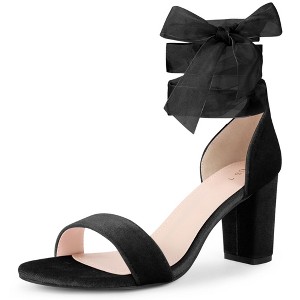 BLISSFUL STEP Women's Ankle Tie Chunky Heel Velvet Sandals - 1 of 4
