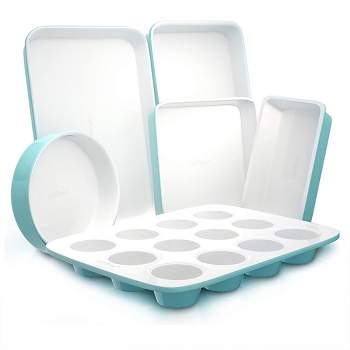 NutriChef 6 Piece Non Stick Kitchen Oven Stackable Ceramic Baking Pan Set with Cookie Sheet, Muffin Tray, and More, Green and White