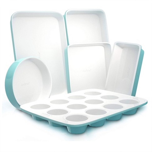 Nutrichef 6 Piece Non Stick Kitchen Oven Stackable Ceramic Baking Pan Set With Cookie Sheet Muffin Tray And More Green And White Target