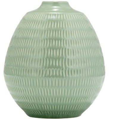 Sagebrook Home 7" Ceramic Oval Vase - Contemporary Dark Sage Green Etched Stripe Decorative Table Vase Home or Office Decor Accent Flower Centerpiece