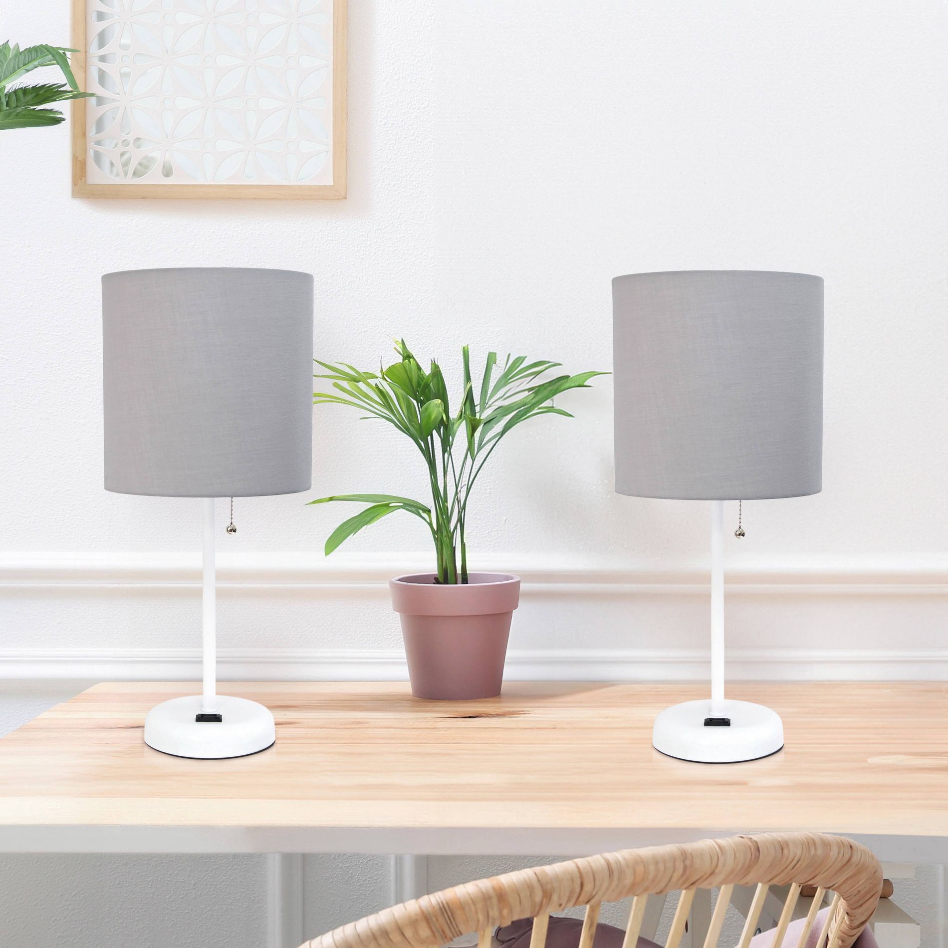 Creekwood Home Set of 2 Oslo 19.5" Power Outlet Base Metal Table Desk Lamps in White with Gray Shade