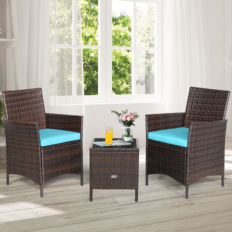 Costway 3PCS Patio Rattan Furniture Set Cushioned Sofa Glass Tabletop Deck Red\Blue\ White, 2 of 13