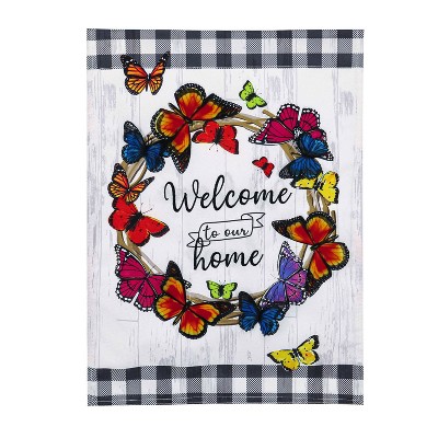 Butterfly Welcome Wreath Garden Linen Flag