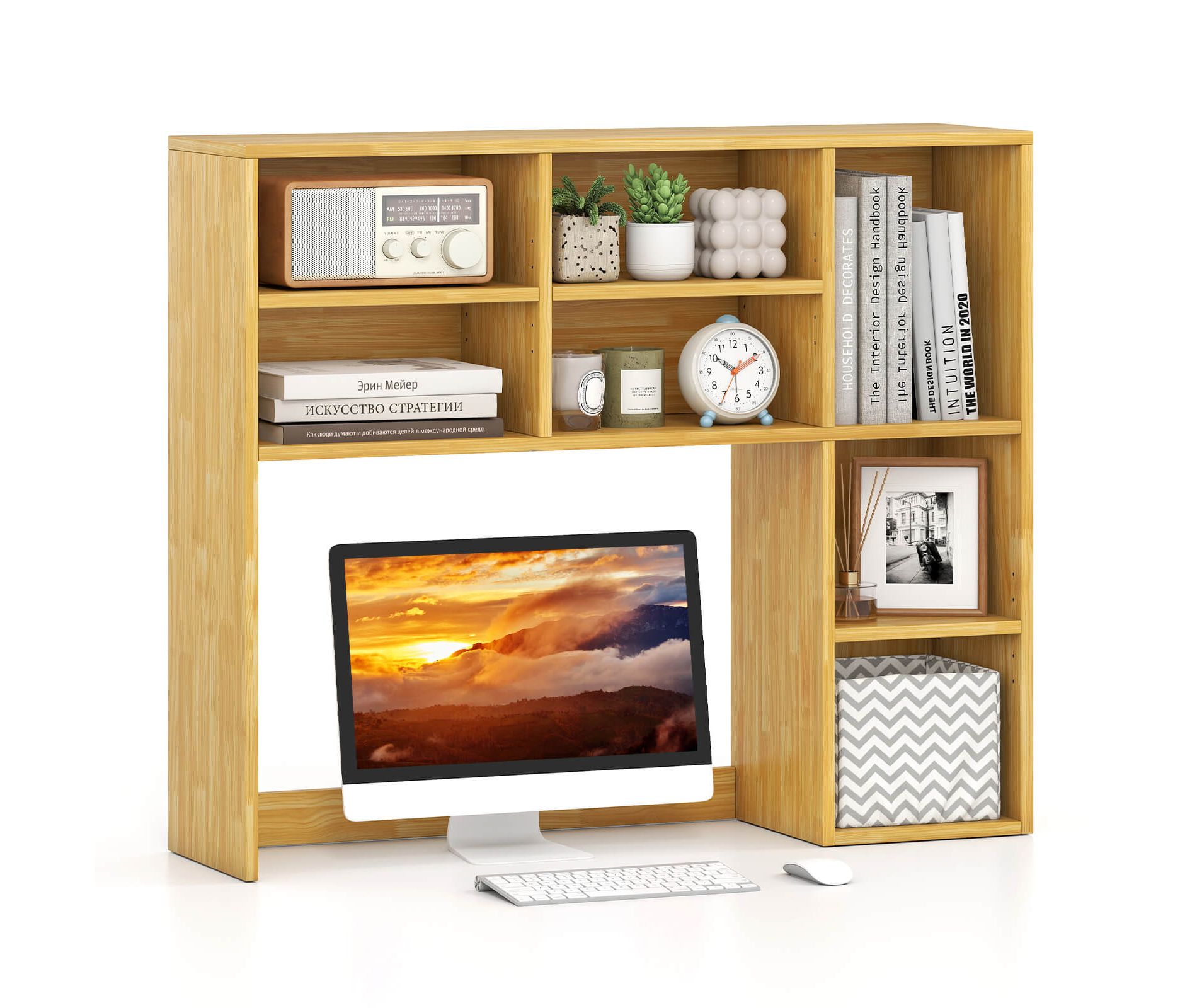 Costway Desktop Bookshelf Desk Storage Hutch with 7 Open Cubbies & 3 Adjustable Shelves Natural/Beige/Gray/Brown/White