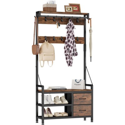 GIKPAL Hall Tree with Bench - 6-in-1 Wider 39.4" Entryway Shoe Rack, 24 Hooks & 2 Drawers, Hanging Rod & Top Shelf for Hallway