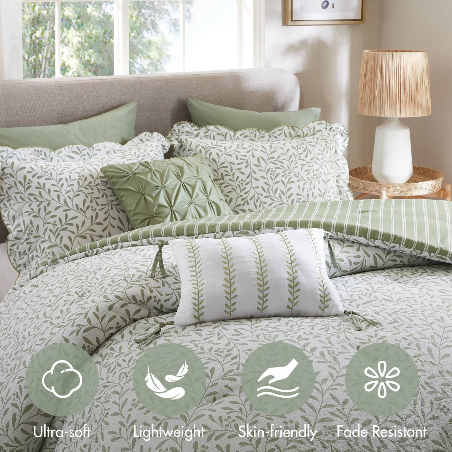 Комплект с одеялом Madison Park King 5pc Darcy Scalloped Edge Brushed Microfiber Reversible Comforter Set Sage Green, цвет: Шалфейный — фото 6
