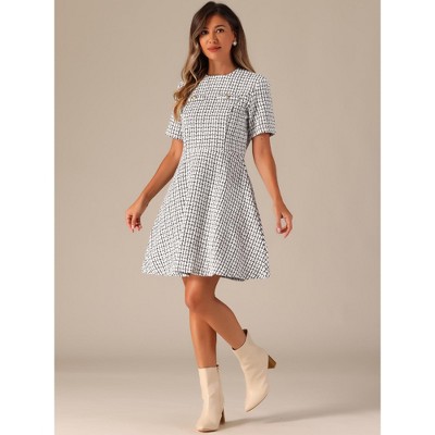 Женские платья INSPIRE CHIC Women's Short Sleeve Plaid Tweed Zipper Button Casual Mini Dress Apricot X-Large — фото 3