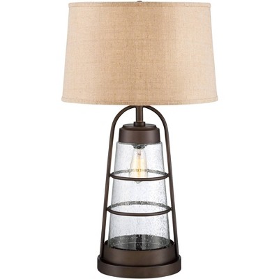 Franklin Iron Works Industrial Table Lamp with Nightlight 31" Tall Bronze Cage Glass Lantern Brown Burlap Shade for Living Room Family