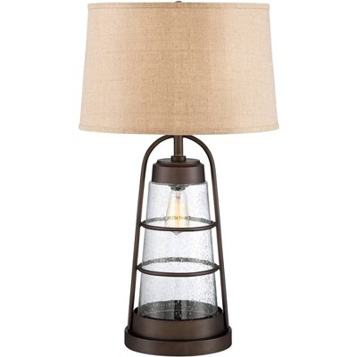 Franklin Iron Works Industrial Table Lamp with Nightlight Bronze Cage Glass Lantern Brown Burlap Shade for Living Room Family