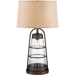 Franklin Iron Works Rustic Farmhouse Table Lamp 31" Tall with Nightlight Bronze Clear Seeded Glass Burlap Shade for Bedroom Living Room House Bedside - 1 of 4