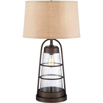 Franklin Iron Works Rustic Farmhouse Table Lamp 31" Tall with Nightlight Bronze Clear Seeded Glass Burlap Shade for Bedroom Living Room House Bedside