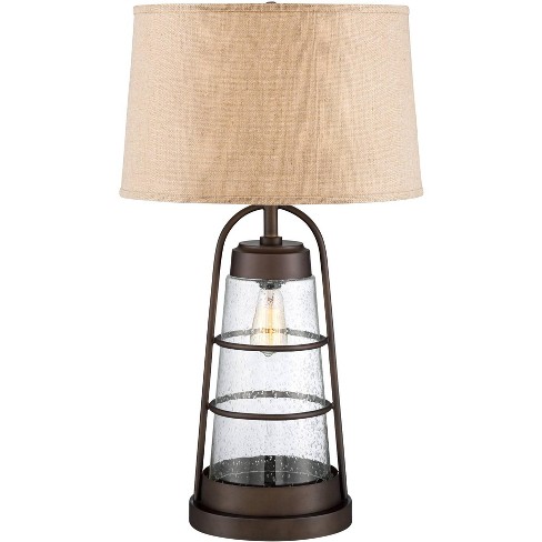 Franklin Iron Works Industrial Table, Glass Lamp With Burlap Shade