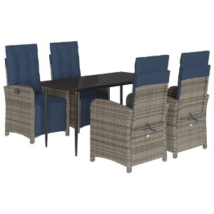 vidaXL 5-Piece Patio Dining Set with Adjustable Reclining Chairs, Gray Poly Rattan and Navy Cushions, Tempered Glass Tabletop - 1 of 4