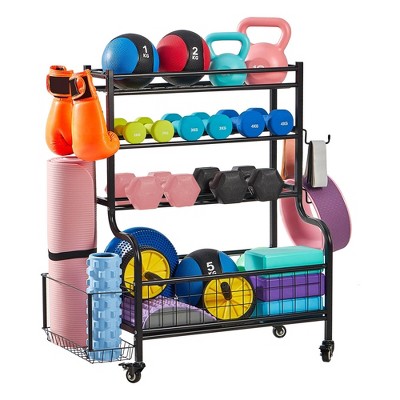 Home Gym Workout Equipment Storage Rack, Yoga Mat Dumbbell Kettlebells Foam  Roller Resistance Bands Storage Rack Cart with Hooks and Wheels, Workout  Equipment Storage Organizer for Home Gym, Dumbbell Racks 