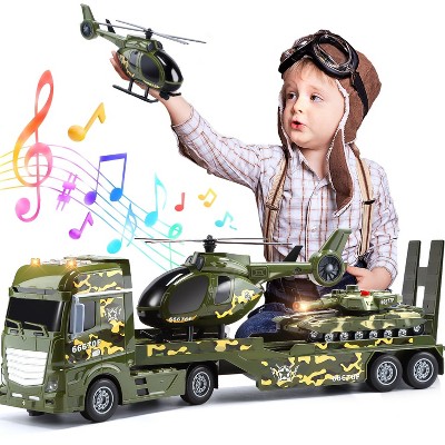 Skirfy 33 in 1 Military Truck Toy, Green Army Toy Set with Soldiers and Roadblocks, Mini Battle Truck Toy in Carrier Truck with Lights and Sounds
