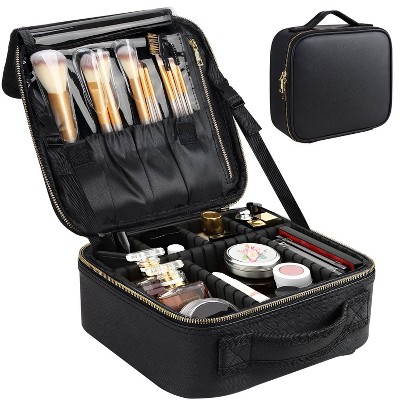 Makeup Bag for Women, Travel Bag Organizer Cosmetic Case with Adjustable Dividers Waterproof Shockproof Handbag, Black