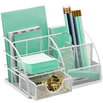 Sorbus 5 Sections Desk Organizer Caddy with Drawer - Stylish Mesh Caddy - for Office Supplies, Pen Holder, Mail Organizer (White)