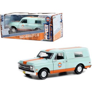 1968 Chevrolet C-10 Pickup Truck Light Blue with Orange Stripes w/Camper Shell "Gulf Oil" 1/24 Diecast Model Car by Greenlight - 1 of 3