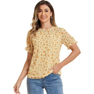 INSPIRE CHIC Women's Chiffon Short Sleeve Ruffled Trim Floral Blouse - 1 of 4