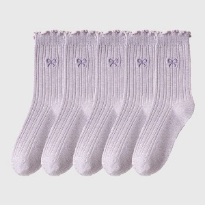 Alilang Women's Summer Ribbed Ankle Socks with Bow Embroidery Casual 5Pk - 1 of 4