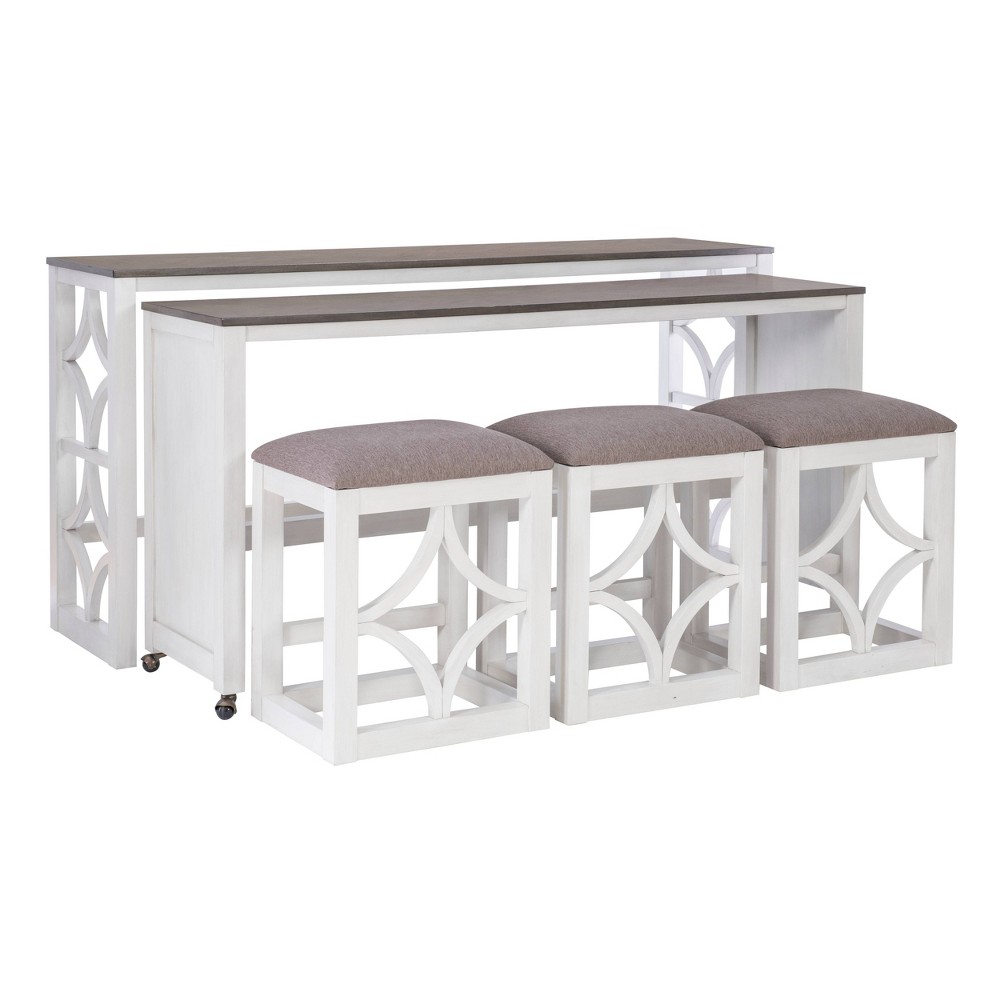 Photos - Dining Table Powell Adams Solid Wood Rolling Console Dining Set with 3 Beige Upholstered Padded Seat Stools White: Rectangle Table, Nesti