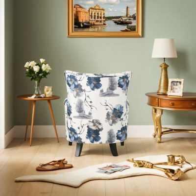 SKRAN Contemporary Vintage Print Fabric Upholstered Club Chair for Living Room & Balcony (White & Blue Patterned )