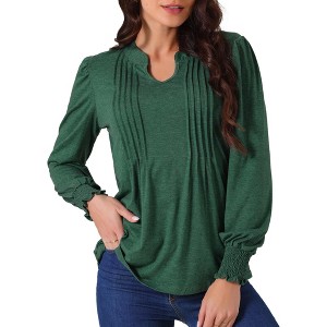 Seta T Women's V Neck Smocked Cuff Long Sleeve Pleated Casual Tunic Blouse - 1 of 4