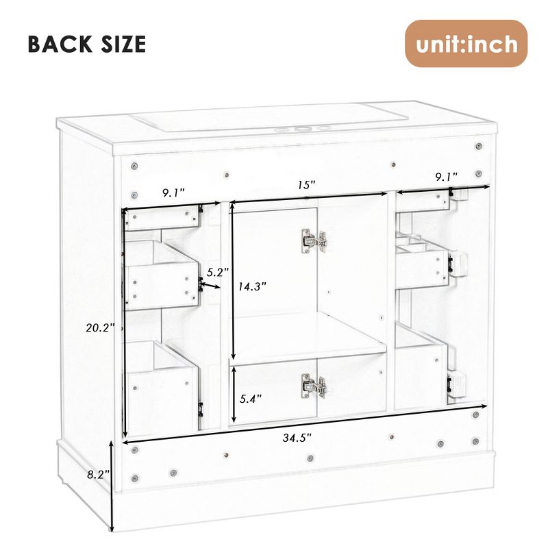 36" Bathroom Vanity with Sink, 1 Cabinet and 6 Drawers, White - ModernLuxe, 4 of 13