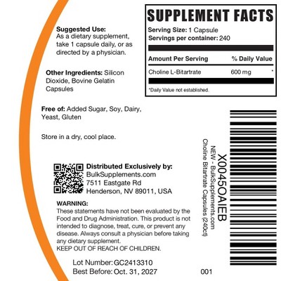 BulkSupplements Choline L-Bitartrate Capsules