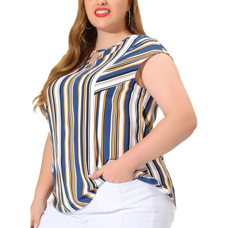 Agnes Orinda Women's Plus Size Blouse Keyhole Neck Cap Sleeve Stripe Top, 2 of 7