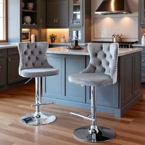 Mshliw Set of 2 Adjustable Swivel Velvet Barstools with Tufted Backrest, Modern Upholstered Counter Chairs with Chrome Base for Kitchen and Home Bar - 1 of 4