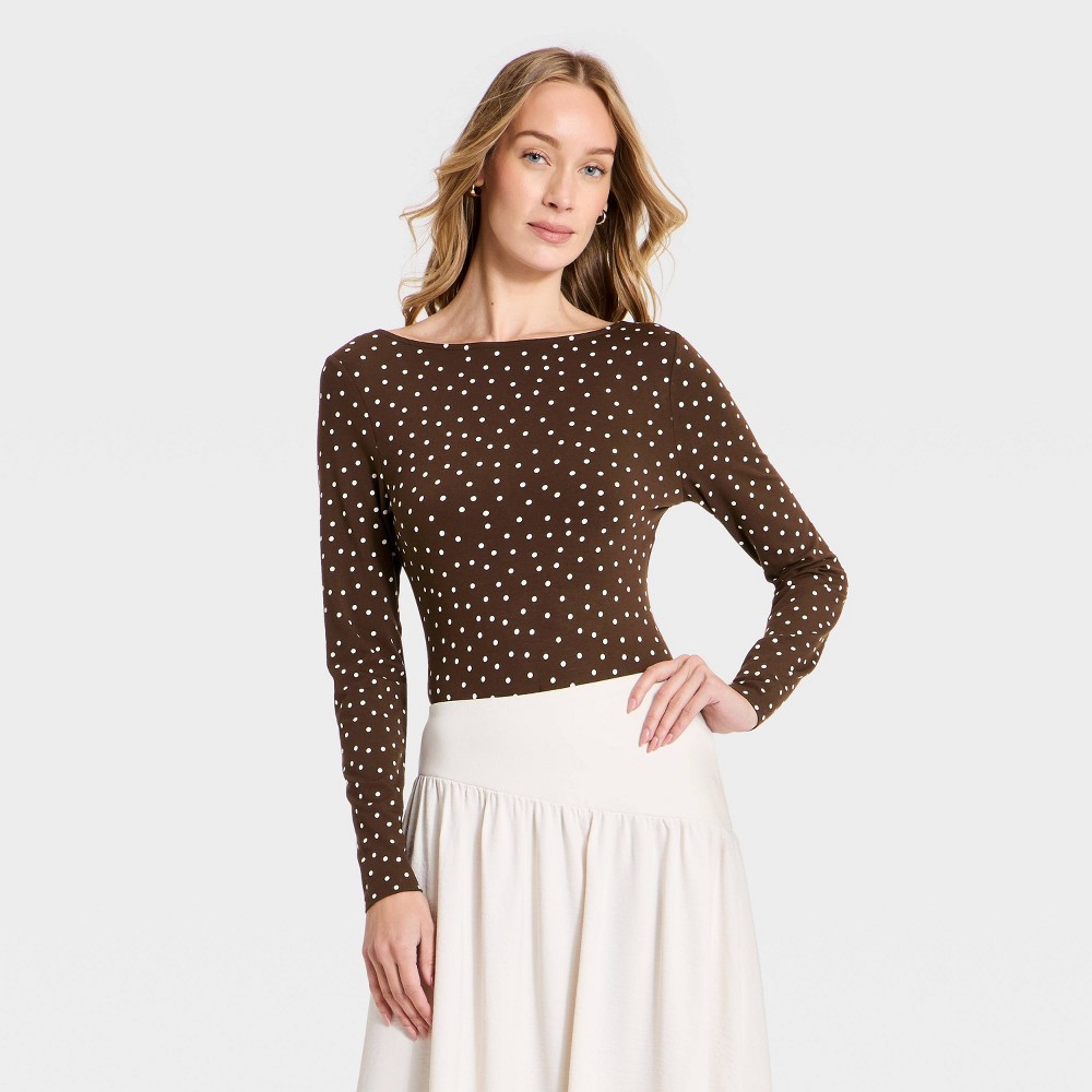 Women's Long Sleeve Modern Jersey Cowl Open Back Boat Neck Top - A New Day™ Brown Polka Dots XS